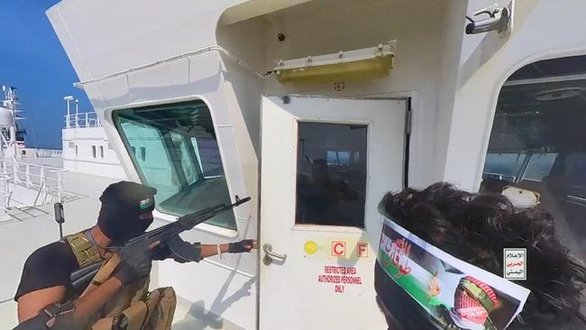 Houthi footage of the movement’s fighters taking over the Israeli-linked Galaxy Leader Vessel in the Red Sea, which had 52 people onboard. Photo: Houthi Movement via Getty Images