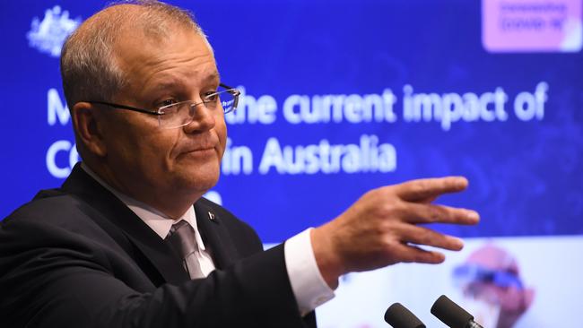 Australian Prime Minister Scott Morrison speaks to the media during a press conference at Parliament House in Canberra on Thursday. Picture: Lukas Coch/AAP