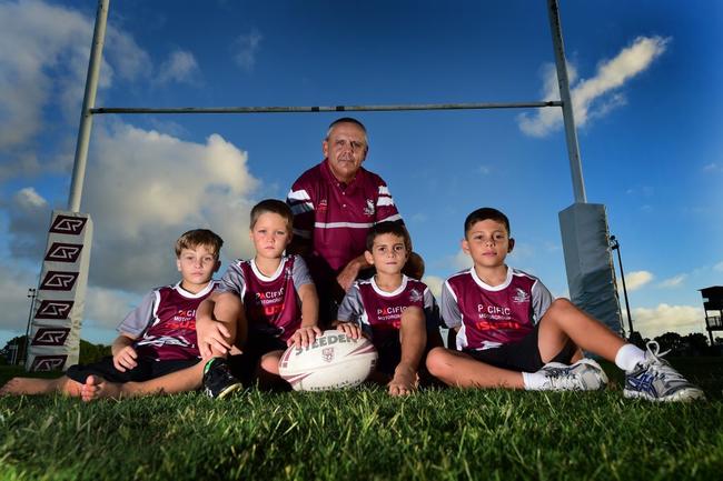 Kawana's junior rugby league club players (left) Cooper Leitch, Keagan Zanchetta, Tommy Walker, Ryan Krome with coach Mick Buckley, are united in the wake of the recent NRL drug crisis. Photo: Iain Curry / Sunshine Coast Daily. Picture: Iain Curry