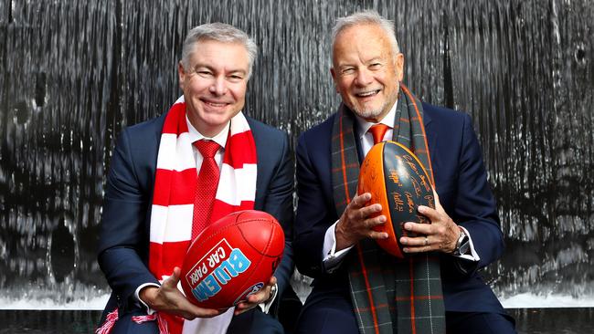 Sydney Swans chairman Andrew Pridham, left, and Tony Shepherd, chairman of the Giants. Picture: Hollie Adams/The Australian.