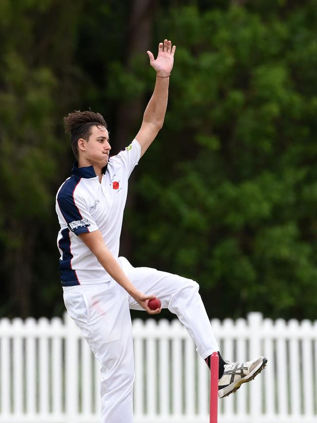 Cricket Gold Coast’s Kookaburra Cup. Day two between Mudgeeraba Nerang and Burleigh at Nerang RSL Oval. Mudgeeraba bowler Sam Mahoney in action. Picture: Steve Holland)