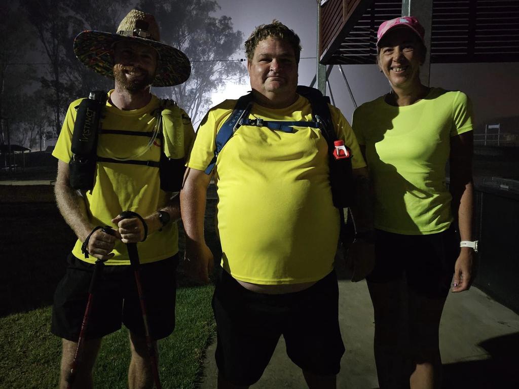 James Maxwell, Charlie Hughes and Leisa Green at the start of Charlie's 230km walk from Nanango to Coorparoo.