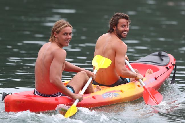 GOLD COAST, AUSTRALIA - JANUARY 23: Jeremy Sharp and Lachie Weller during a Gold Coast Suns AFL training session at Palm Beach Parklands on January 23, 2020 in Gold Coast, Australia. (Photo by Chris Hyde/Getty Images)