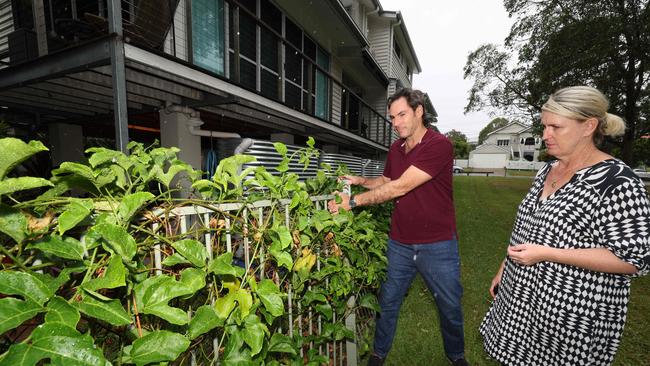 Brett and Cheree Ambrose say the massive trees falling upon their Ashgrove home is their greatest fear. Picture: Annette Dew