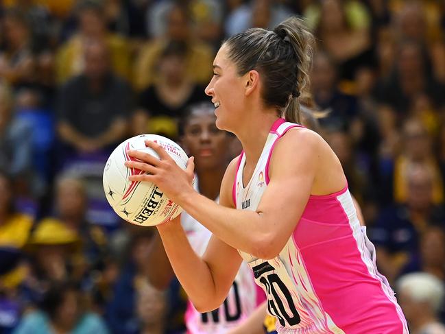 SUNSHINE COAST, AUSTRALIA - APRIL 01: Matilda Garrett of the Thunderbirds in action during the round three Super Netball match between the Sunshine Coast Lightning and the Adelaide Thunderbirds at University of Sunshine Coast Stadium, on April 01, 2023, in Sunshine Coast, Australia. (Photo by Albert Perez/Getty Images)