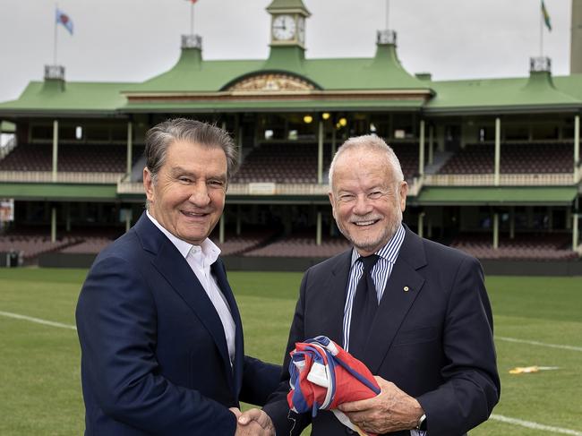 Nick Politis Roosters Chairman and Tony Shepherd SCG Trust Chairman after the announcement of the landmark 25 year partnership .