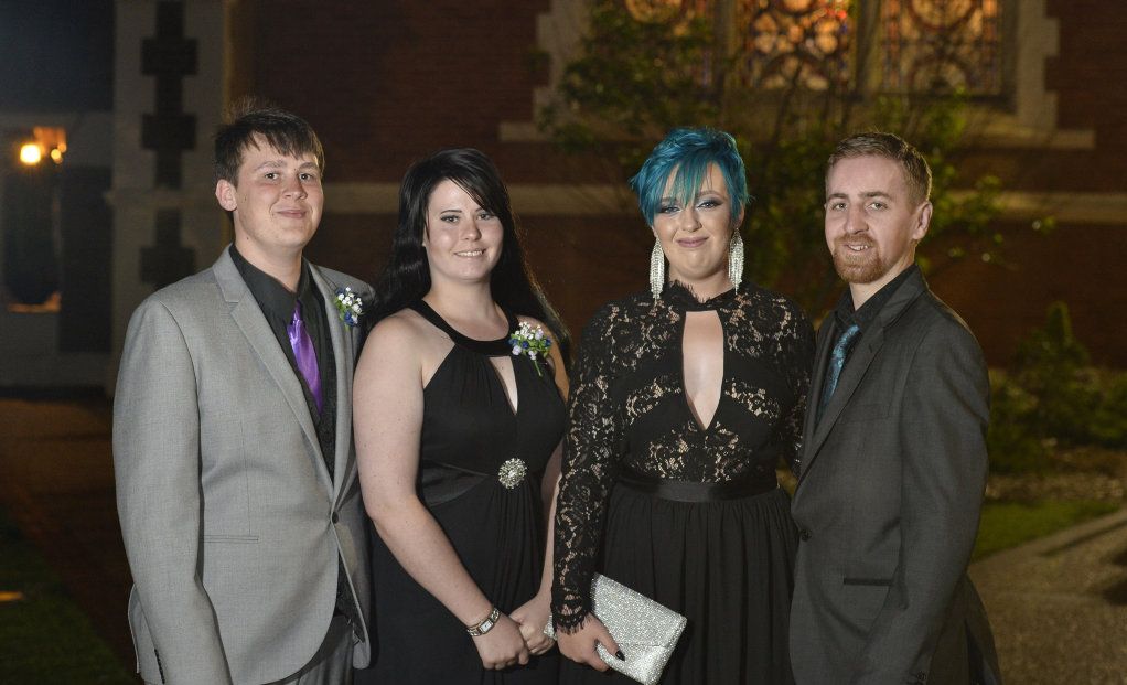 Graduates Terrance Larfield (left) and Krystal Clayton (second, from right) with their partners Jasmine Flerchinger and Maxx Turpin at Toowoomba Flexi School formal at Empire Theatres, Thursday, November 9, 2017. Picture: Kevin Farmer