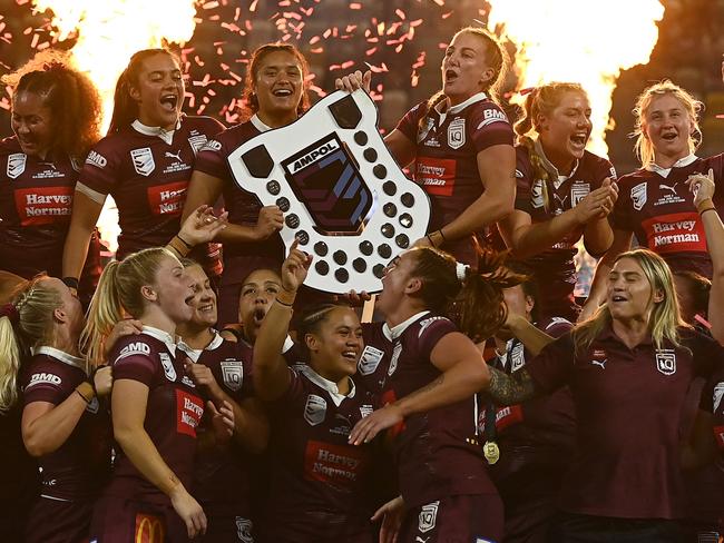 TOWNSVILLE, AUSTRALIA - JUNE 22: Queensland celebrates after winning the series during game two of the women's state of origin series between New South Wales Skyblues and Queensland Maroons at Queensland Country Bank Stadium on June 22, 2023 in Townsville, Australia. (Photo by Ian Hitchcock/Getty Images)