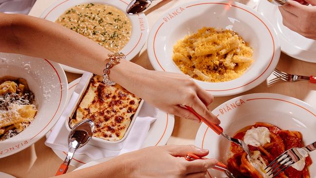 A spread of pasta dishes at Bianca restaurant in Fortitude Valley.