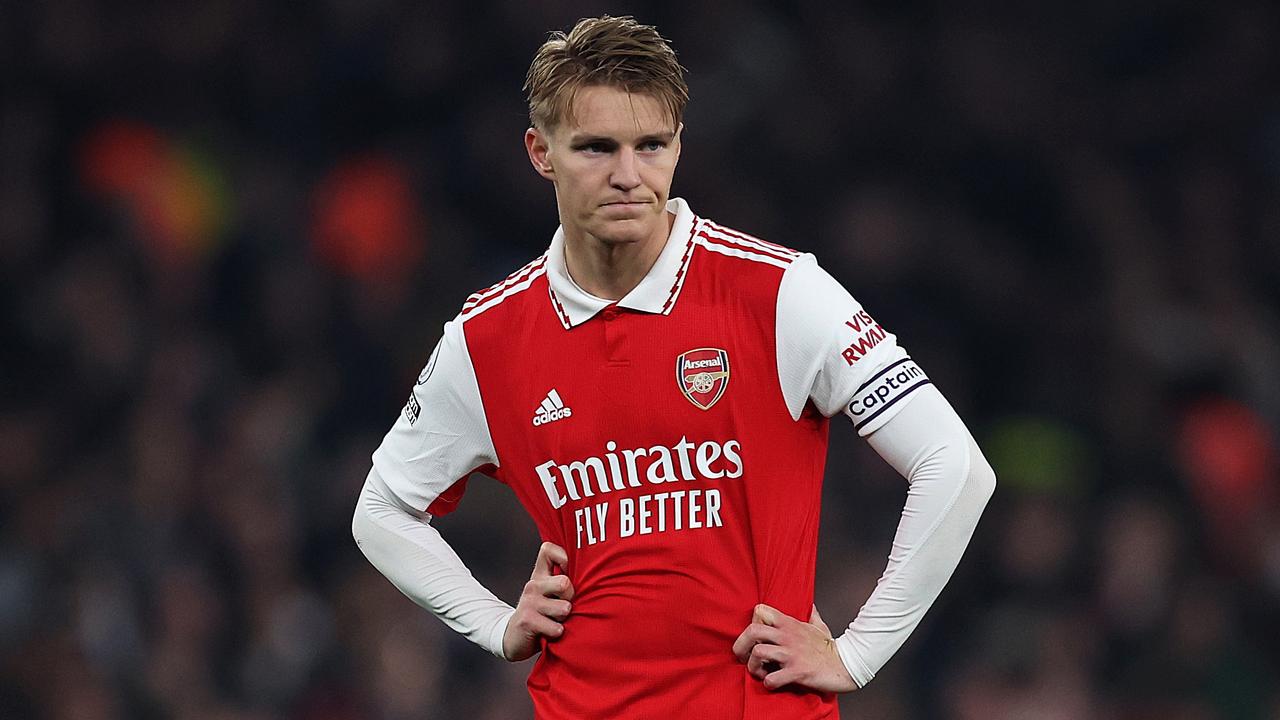 LONDON, ENGLAND - APRIL 21: Martin Odegaard of Arsenal looks dejected during the Premier League match between Arsenal FC and Southampton FC at Emirates Stadium on April 21, 2023 in London, England. (Photo by Julian Finney/Getty Images)
