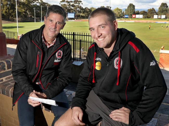 Rostrevor Old Collegians are playing all their home games at Thebarton Oval this season while their Cambelltown Memorial Oval is being redeveloped. Coach Adrian Rocco (L) and captain Will O'Malley at Thebarton Oval. 19 May 2018. (AAP Image/Dean Martin)