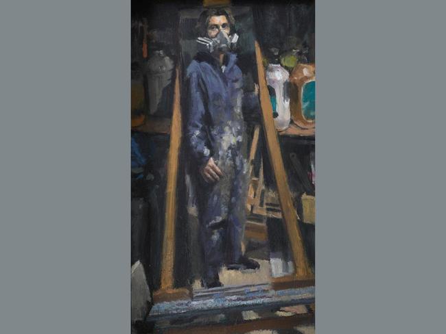 Self-portrait in the studio by Callum Worsfold is “a raw reflection of me in all my grungy griminess. Although the gas mask was initially a mere prop, adding to the grunge aesthetic, the choice to submit a painting which obscures half my face in a portrait prize seemed a funny idea”. He is a first-time Archibald finalist. Picture: Callum Worsfold, Archibald 2025, Photo: Art Gallery of New South Wales, Jenni Carter