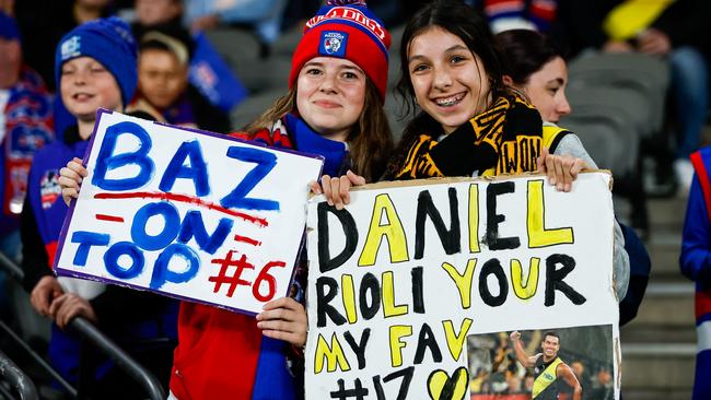 The Bailey Smith fan (left) had a good night, but it was an injury-blighted match for Daniel Rioli. (Photo by Dylan Burns/AFL Photos via Getty Images)