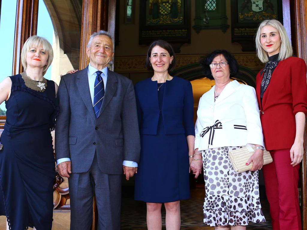 Ms Berejiklian with her parents and sisters after being sworn in, January 2017. Picture: Britta Campion