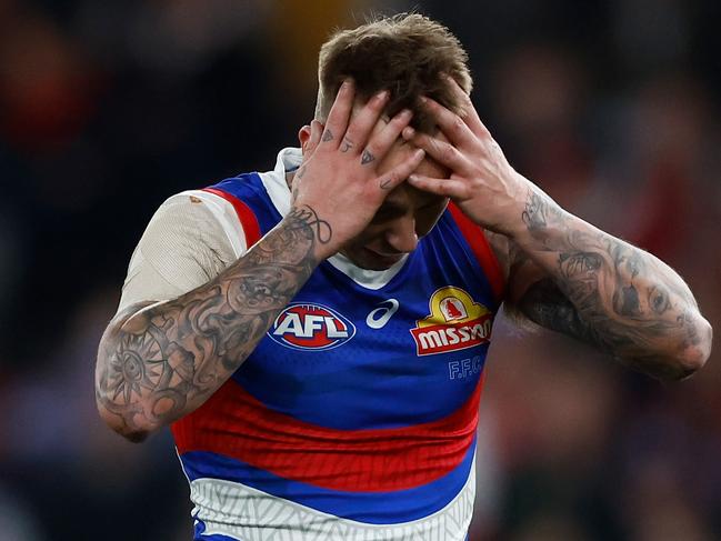 MELBOURNE, AUSTRALIA - MAY 23: James Harmes of the Bulldogs rues a missed shot on goal during the 2024 AFL Round 11 match between the Western Bulldogs and the Sydney Swans at Marvel Stadium on May 23, 2024 in Melbourne, Australia. (Photo by Michael Willson/AFL Photos via Getty Images)