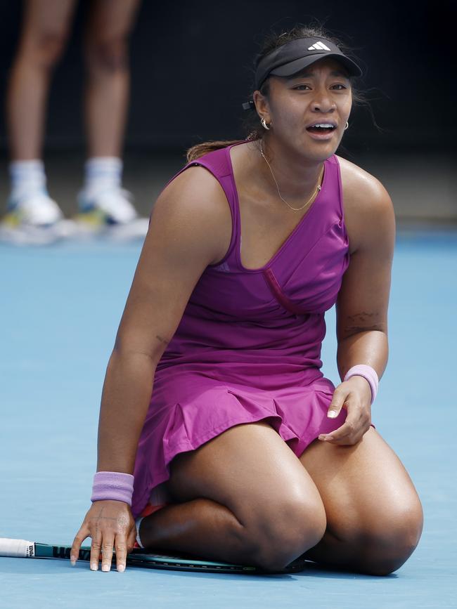 An emotional Aiava after winning her qualifying match on Thursday. Picture: Michael Klein