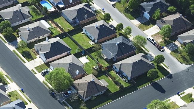 Aerial of suburbs, generic, housing, streetscape. Texas.