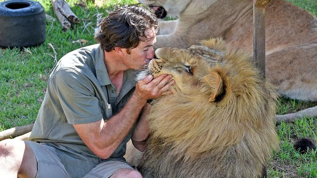 Lion trainer Matthew Ezekiel enjoys a cuddle with Stardust Circus lion Hulk (AAP IMAGE / Troy Snook)