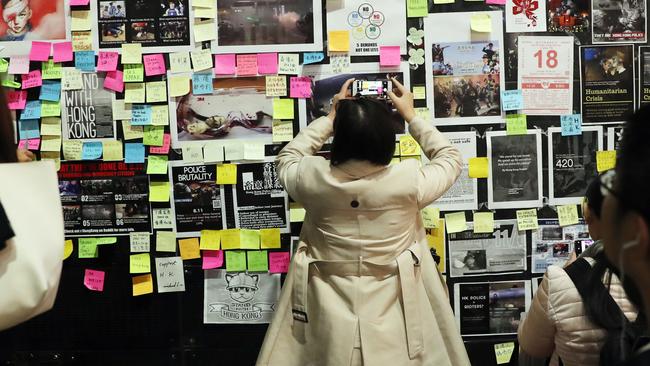 Australians have left notes of solidarity for the Hong Kong protests at Martin Place in Sydney. Picture: Richard Dobson