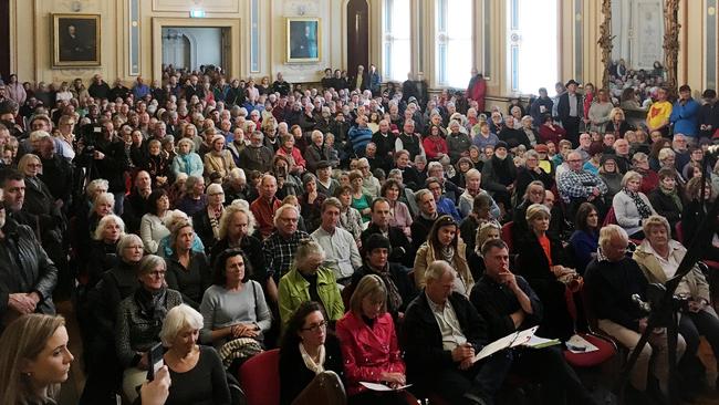 The packed Hobart Town Hall during the meeting. Picture: MATHEW FARRELL