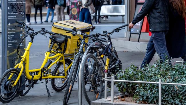 Pedestrians have complained of delivery bikes cluttering CBD footpaths. Picture: Jake Nowakowski