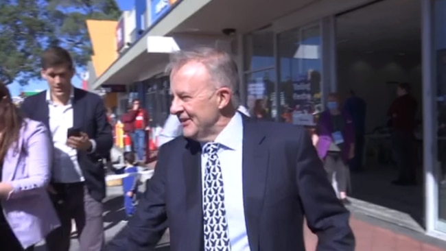 Mr Albanese arrived at the booth in Wanneroo, in the seat of Pearce, which Labor is hoping to win from the government on May 21. Picture: Supplied