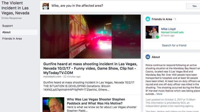 Facebook’s emergency news feed following the Las Vegas shooting. (Pic: supplied.)