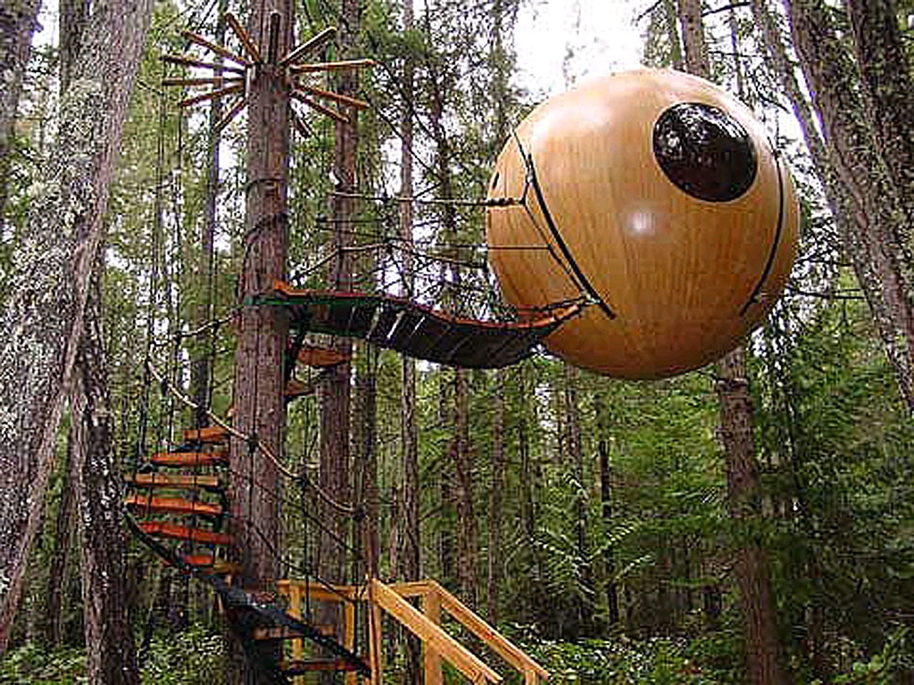 The Free Spirit Sphere tree house offers a unique way of creating unobtrusive means of living amongst nature.  The whole thing, including stairs and suspension bridges for access, it is removed, ‘without a trace’. . Picture: Lost at E Minor