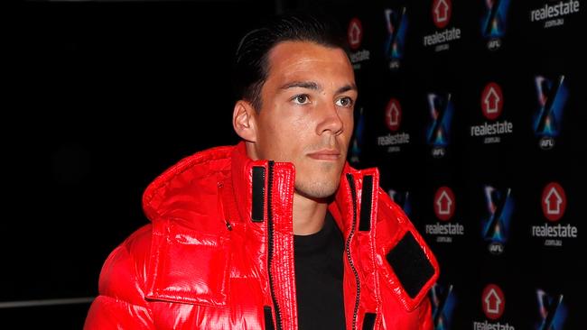 MELBOURNE, AUSTRALIA - FEBRUARY 22: Dylan Shiel of Team Rampage arrives before the AFLX match between Team Bolts and Team Rampage at Marvel Stadium on February 22, 2019 in Melbourne, Australia. (Photo by Michael Willson/AFL Media)