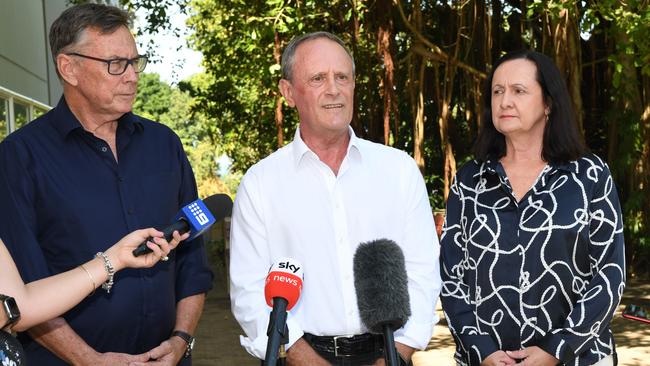 Territory Alliance MLA Jeff Collins, centre, outside parliament with party leader Terry Mills and deputy leader Robyn Lambley. Picture: Katrina Bridgeford