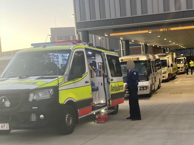 Ambulances at Roma Hospital after a crash near Wallumbilla involving a school bus. Picture: Queensland Ambulance Service