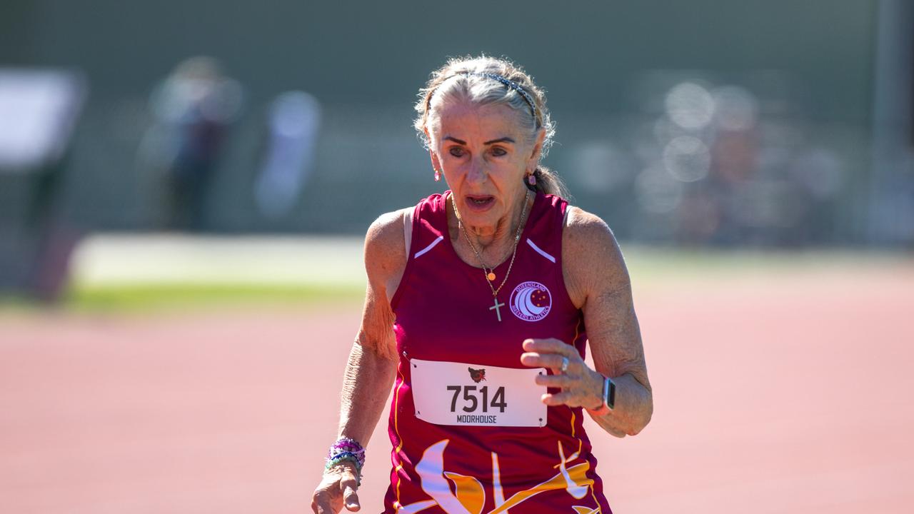 Paula Moorhouse from Queensland Masters Athletics took part in the 800m event. Masters Athletics tournament on Friday 29th March 2024 at the Domain Athletics centre Hobart. Competitors from across Australia took part. Picture: Linda Higginson