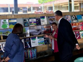 NSW Education Minister Sarah Mitchell, Pendle Hill High School principal Judy Sims and Mark Taylor at the library.