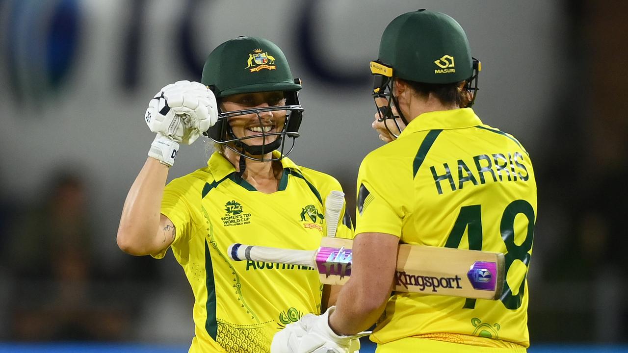 GQEBERHA, SOUTH AFRICA - FEBRUARY 18: Ashleigh Gardner and Grace Harris of Australia celebrate following the ICC Women's T20 World Cup group A match between South Africa and Australia at St George's Park on February 18, 2023 in Gqeberha, South Africa. (Photo by Mike Hewitt/Getty Images)