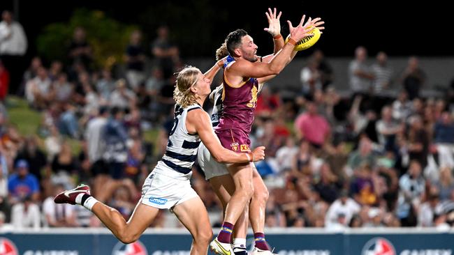 Jack Gunston flies for a mark. (Photo by Bradley Kanaris/Getty Images)