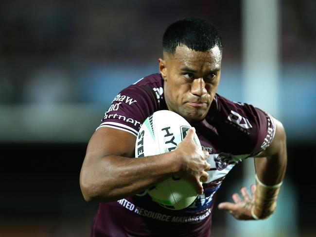 SYDNEY, AUSTRALIA - JULY 05: Tevita Funa of the Sea Eagles runs the ball during the round eight NRL match between the Manly Sea Eagles and the Newcastle Knights at Lottoland on July 05, 2020 in Sydney, Australia. (Photo by Jason McCawley/Getty Images)