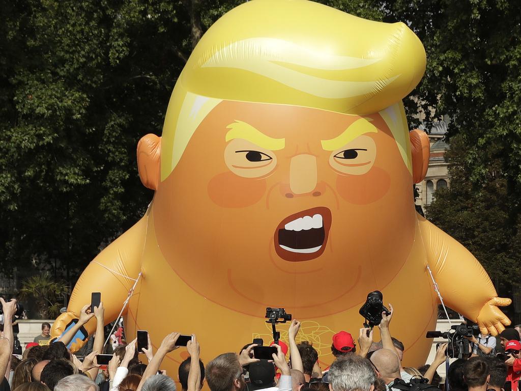 The six-metre high cartoon baby blimp of US President Donald Trump is preparing to fly again in protest of the state-sponsored visit this week. Picture: AP Photo/Matt Dunham, file