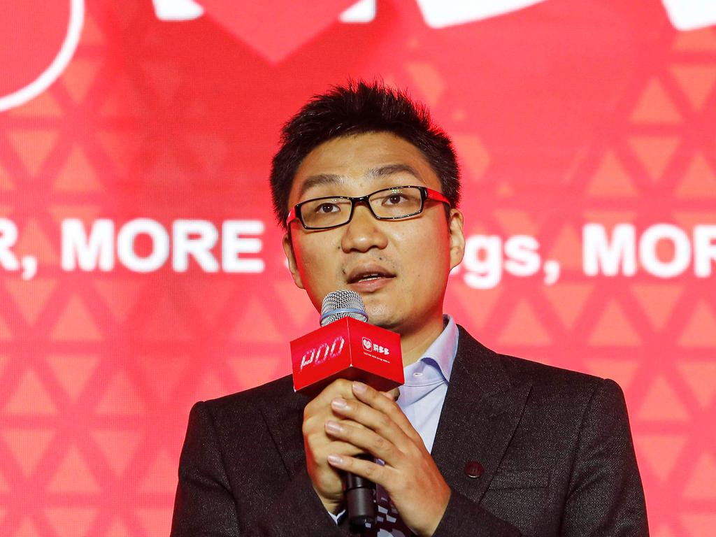 Colin Huang delivering a speech during the launch of the company's initial public offering in Shanghai. Picture: AFP