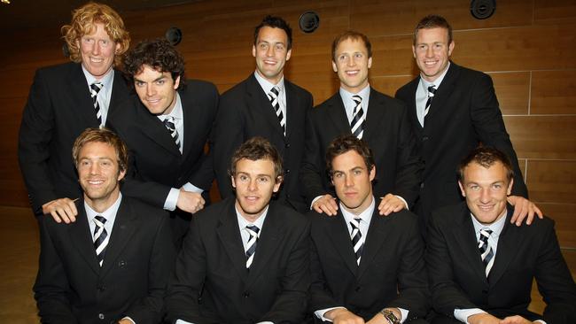 Geelong’s 2007 All Australian members: Cameron Ling, Matthew Scarlett, James Bartel, Gary Ablett Jnr, Steve Johnson, Joel Corey, Cameron Mooney, Matthew Egan and Darren Milburn.