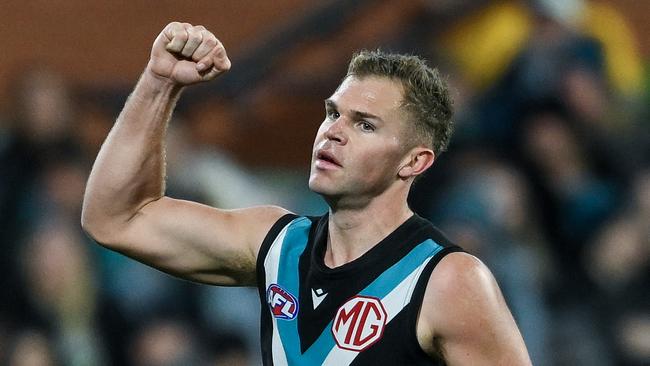 ADELAIDE, AUSTRALIA - AUGUST 03: Dan Houston of the Power  celebrates a goal  during the round 21 AFL match between Port Adelaide Power and Sydney Swans at Adelaide Oval, on August 03, 2024, in Adelaide, Australia. (Photo by Mark Brake/Getty Images)