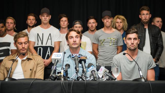 Jobe Watson fronts the media after the Essendon 34 were originally found not guilty. Picture: Stuart Walmsley.