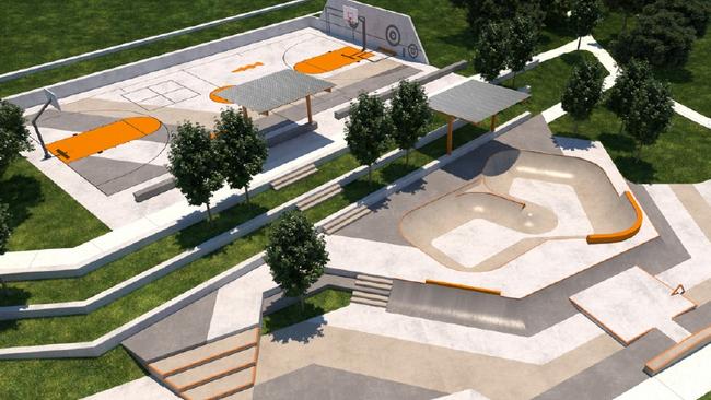 The multi-use court (top left) and skate park are among the features of the new-look John Wearn Reserve at Carlingford.