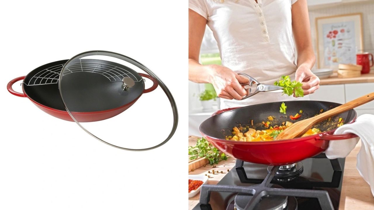 Staub Wok 37cm/5.7L in cherry red. Picture: Myer.