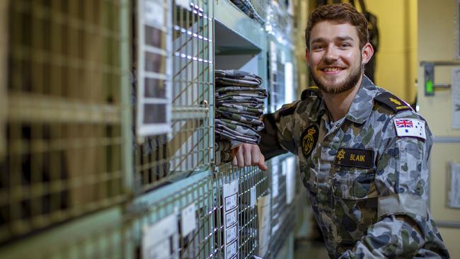 Able Seaman Brodie Blaik keeps the store room in order on-board HMAS Toowoomba. Picture: Defence