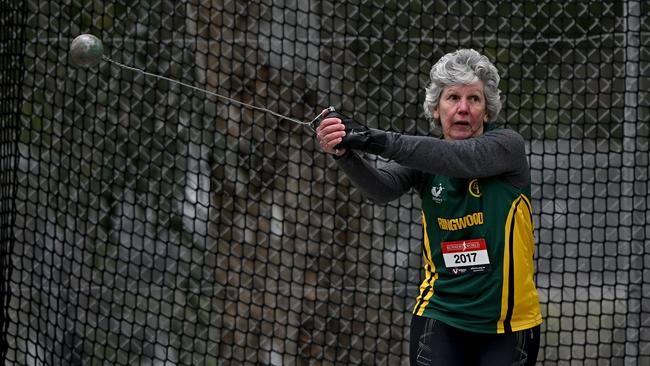 Narelle Messerle competes in the hammer throw. Picture: Andy Brownbill