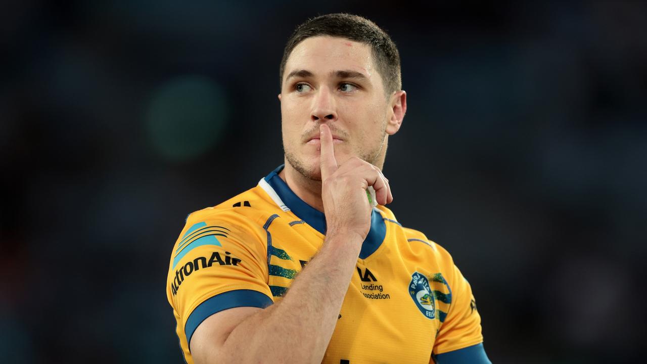 SYDNEY, AUSTRALIA - APRIL 10: Mitchell Moses of the Eels gestures to the crowd after kicking a conversion during the round six NRL match between Wests Tigers and Parramatta Eels at Accor Stadium on April 10, 2023 in Sydney, Australia. (Photo by Mark Metcalfe/Getty Images)