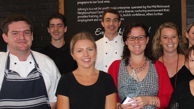 Richmond Valley Business Awards Excellence in Social Enterprise, Winner - Johnny's Evans Head. Back Row L-R:, Chris Greaves (Trainee), Sheldon Wicks (Head Chef), Josie Harvey (Barista), Theresa Bredhauer ( Barista)Front Row L-R: Zac Vandervegt (Chef), Laani Winkler - Harding (Barista), Tessa Parker (Social Enterprise Coordinator), Libby Forrester (Barista)