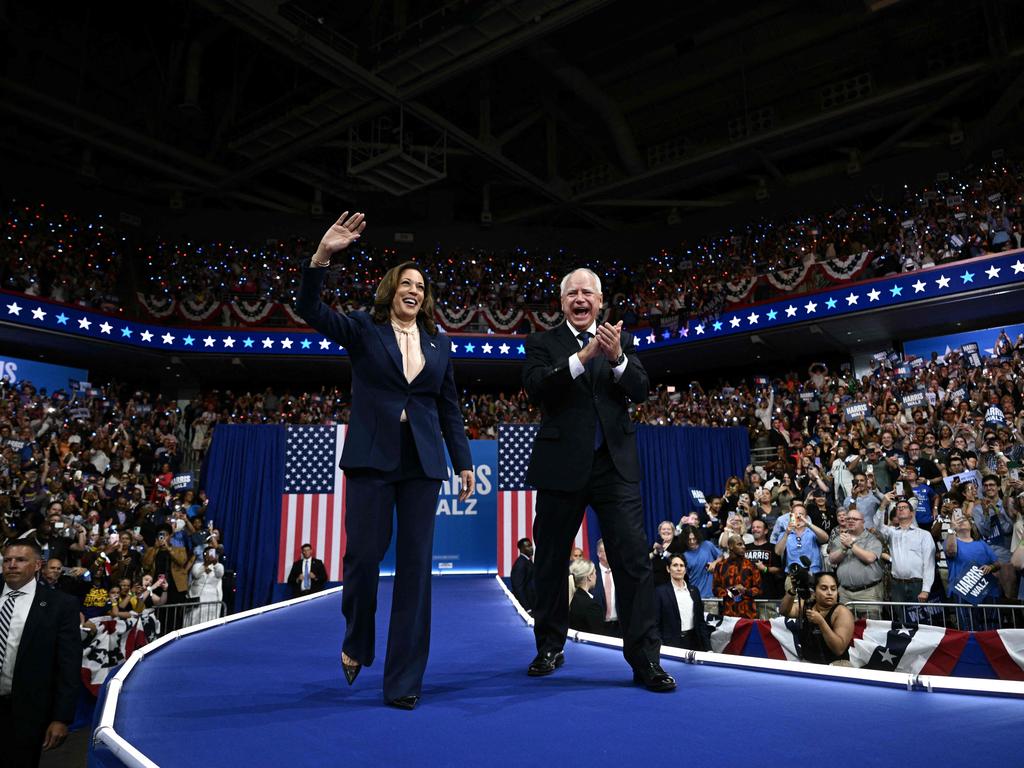 Kamala Harris hailed her running mate as they appeared at their first joint rally at Temple University’s Liacouras Centre in Philadelphia. Picture: AFP