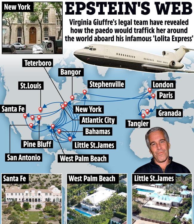 Flight log details from Jeffrey Epstein’s private jet. Picture: Getty Images; Backgrid; Splash News/The Sun
