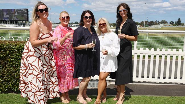 MELBOURNE, AUSTRALIA – OCTOBER 16 2024 Olivia, Liz, Sophie, Denise and Lucy at the Caulfield Social race day at Caulfield racecourse on Wednesday 16th October, 2024 Picture: Brendan Beckett